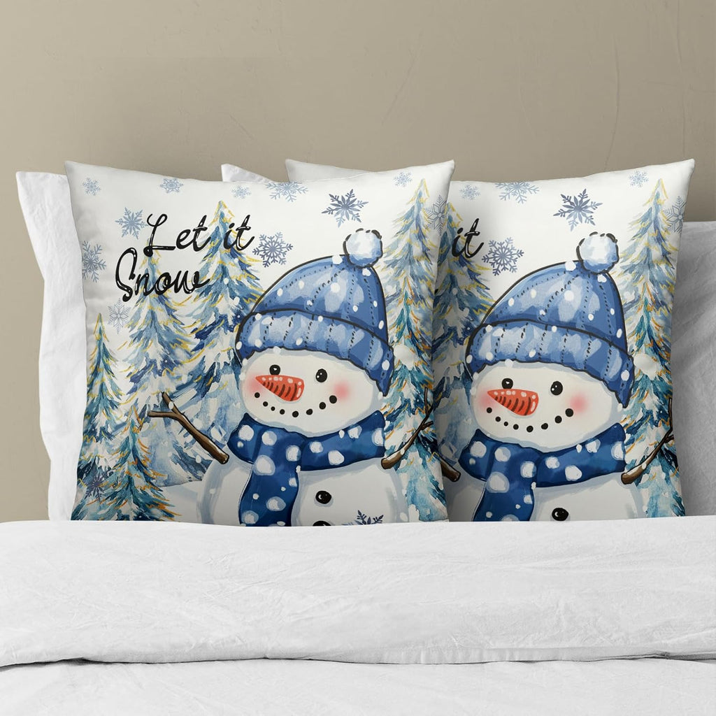 Winter Throw Pillow Covers 18x18 Inch Snow Snowman Pine Trees Holiday Cotton Hidden Zipper Pillowcases - Set of 2