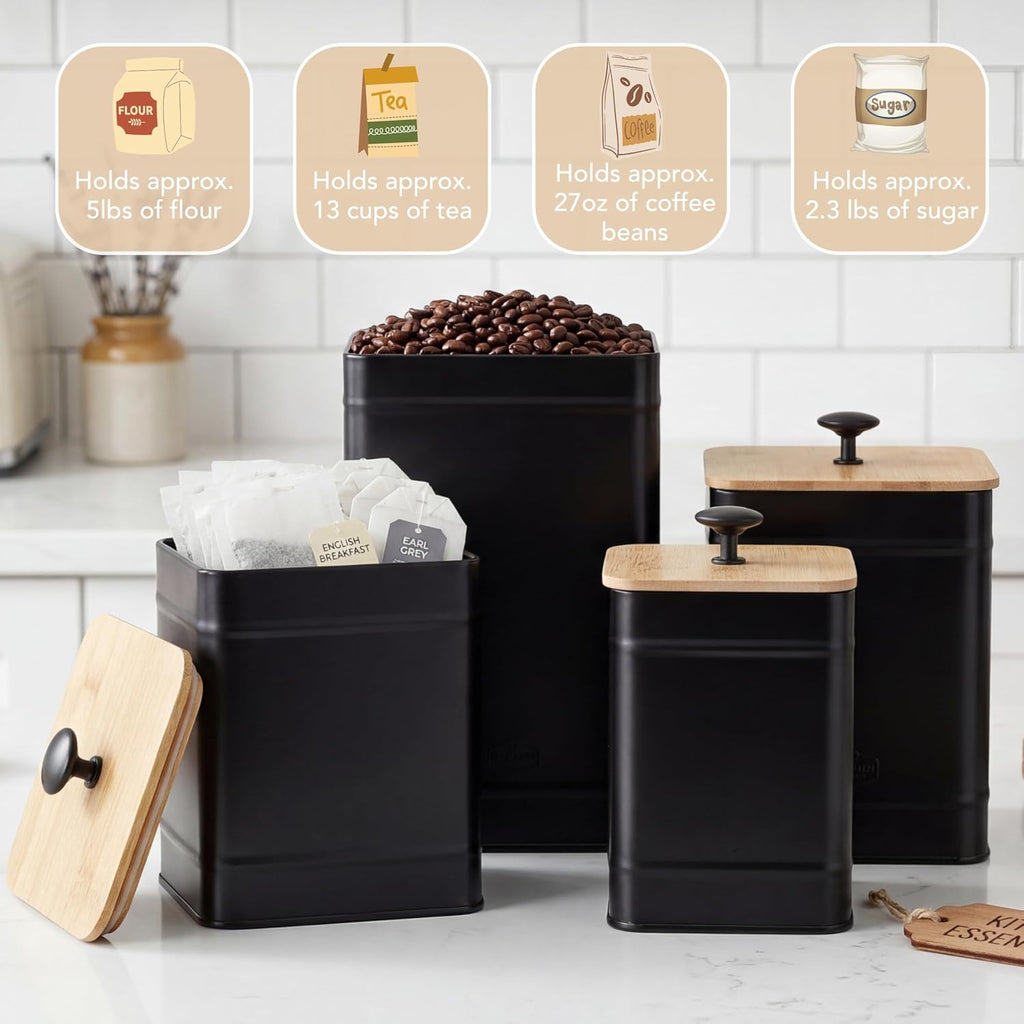Kitchen Canisters, Airtight Canister Sets Counter, Kitchen Canisters for Countertop, Coffee Tea Sugar Flour - Set of 4
