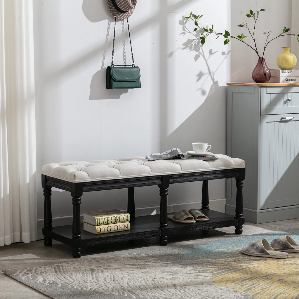 Mid-Century Tufted Storage Bench with Shelf, Linen Upholstered Farmhouse Entryway Shoe Bench Ottoman Bed End Stool