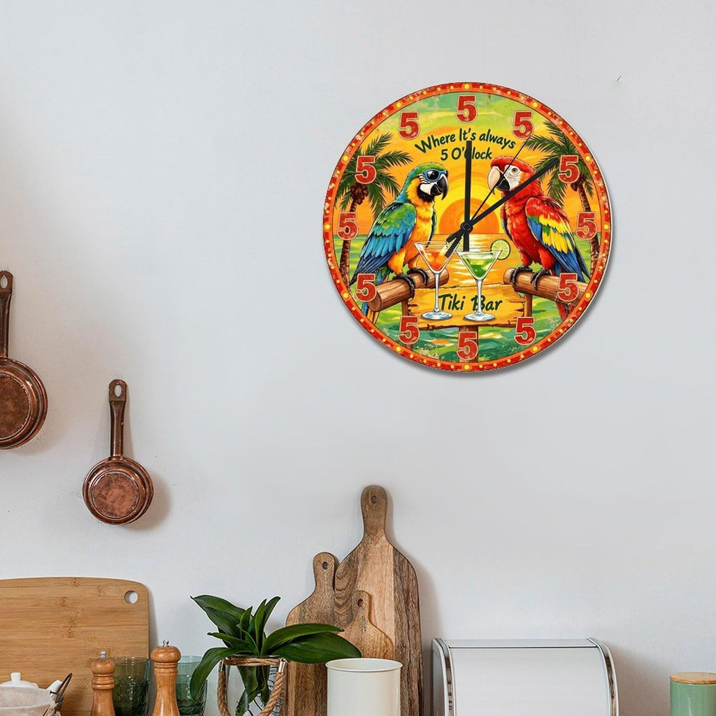 Parrot Retired Wall Clock Tiki Bar Always 5 O'clock 15 Inch Round Wall Clocks Battery Operated Silent Non-Ticking