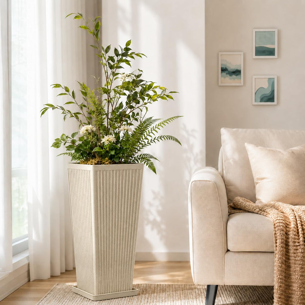 24" Tall Planters for Outdoor Plants Set of 2 Square Fluted, Beige