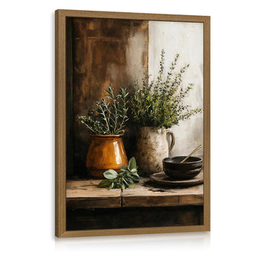 Wood Framed Herb Kitchen Wall Art, Rustic Botanical Still Life Wall Decor, Vintage Farmhouse Greenery Poster Print