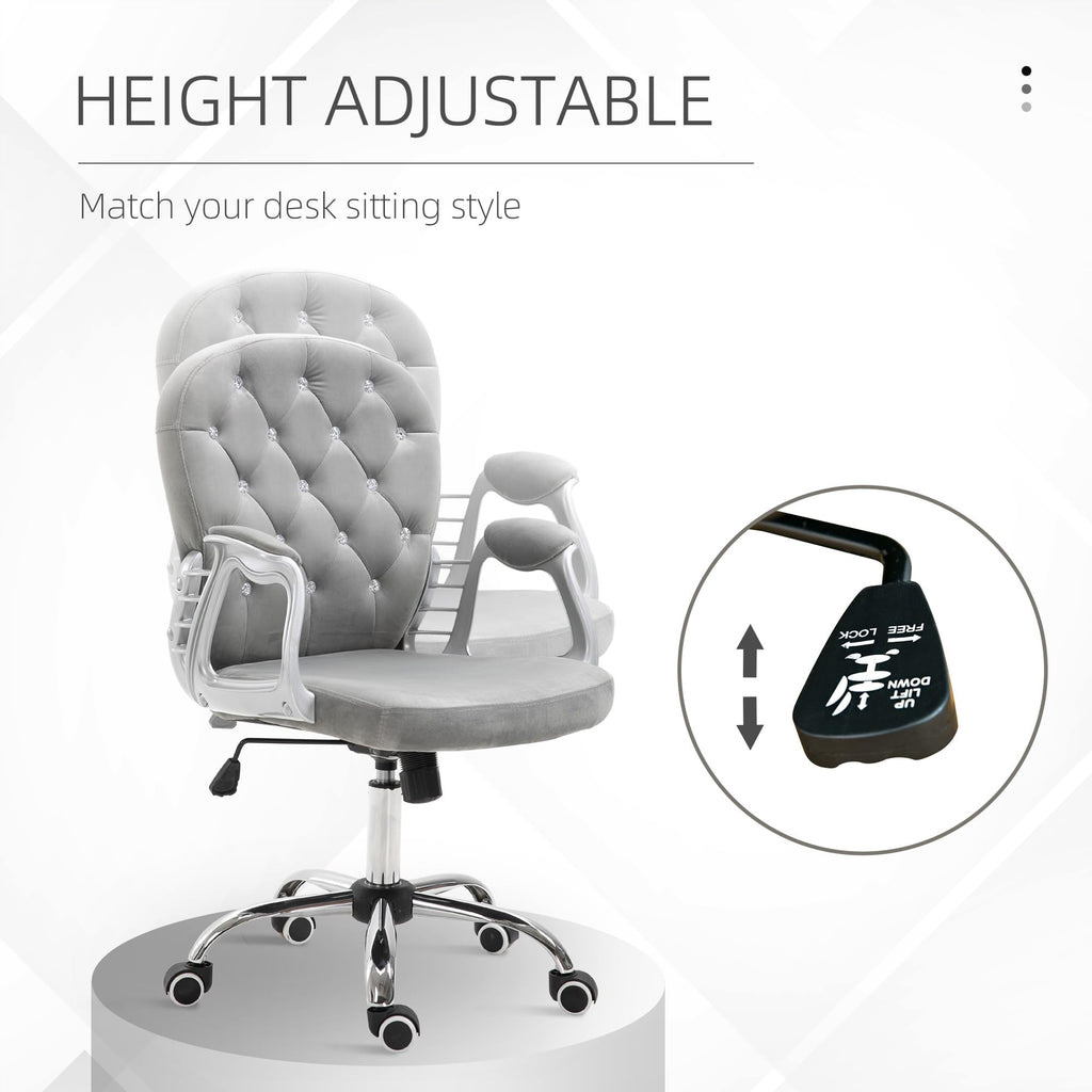 Velvet Home Office Chair Button Tufted Padded Armrests Gray