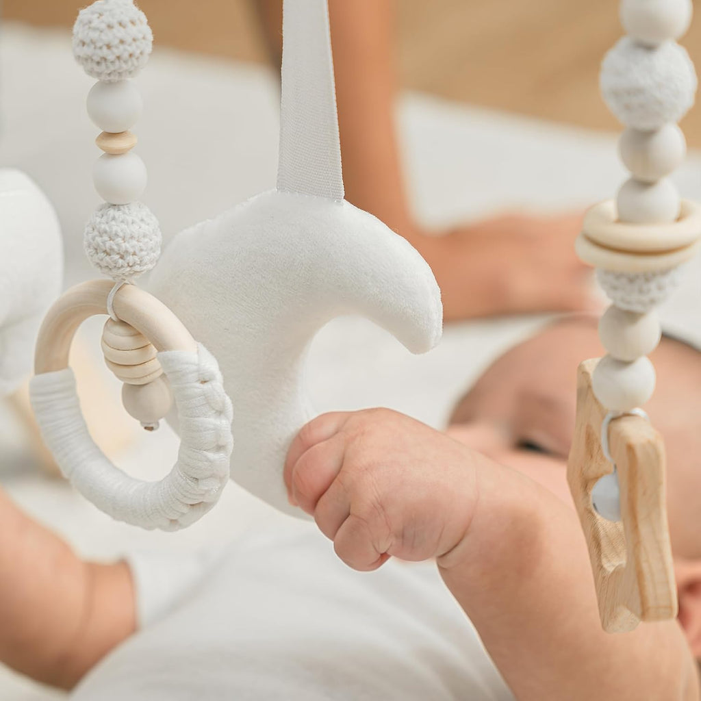Wooden Baby Play Gym - Natural Finish Pinewood Baby Activity Gym with 5 Sensory Hanging Toys - Easy No-Tool Assembly