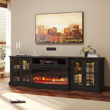 Black 87" Farmhouse TV Stand with 36" Fireplace, Media Entertainment Center with Adjustable Shelves and Large Storage