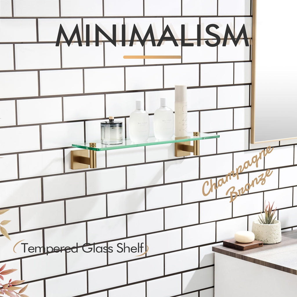 Wall Shelves Bathroom Hardware Tempered Glass Floating Shelf Hanging Rack Storage/Room Decor 20-Inch Champagne Bronze