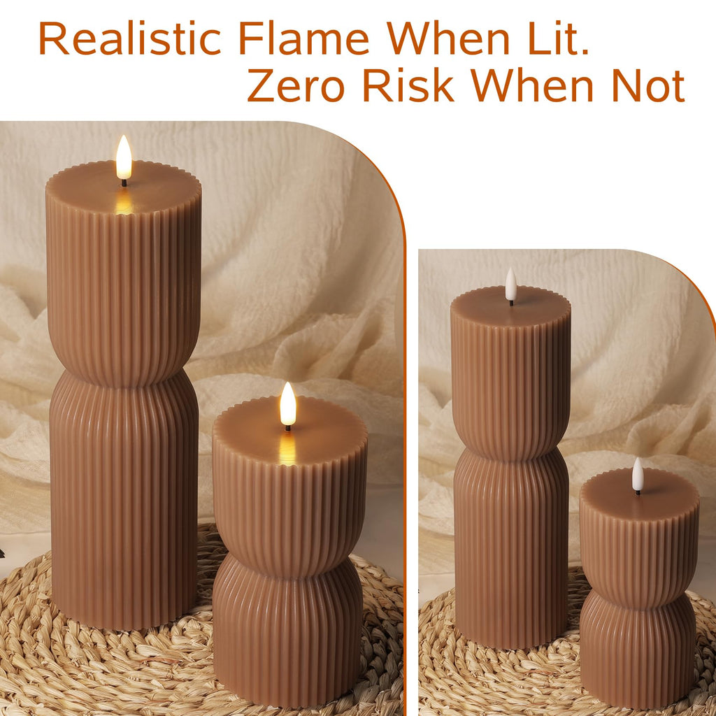 Brown Ribbed Fall Flameless Pillar Candles with Remote Set of 2