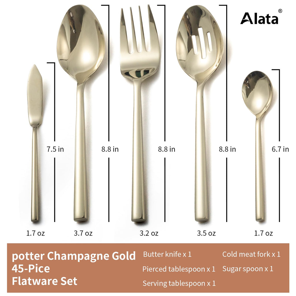 Potter Champagne Gold 45-Piece Forged Silverware Set with Utensil-Serving Set, Service for 8, Stainless Steel