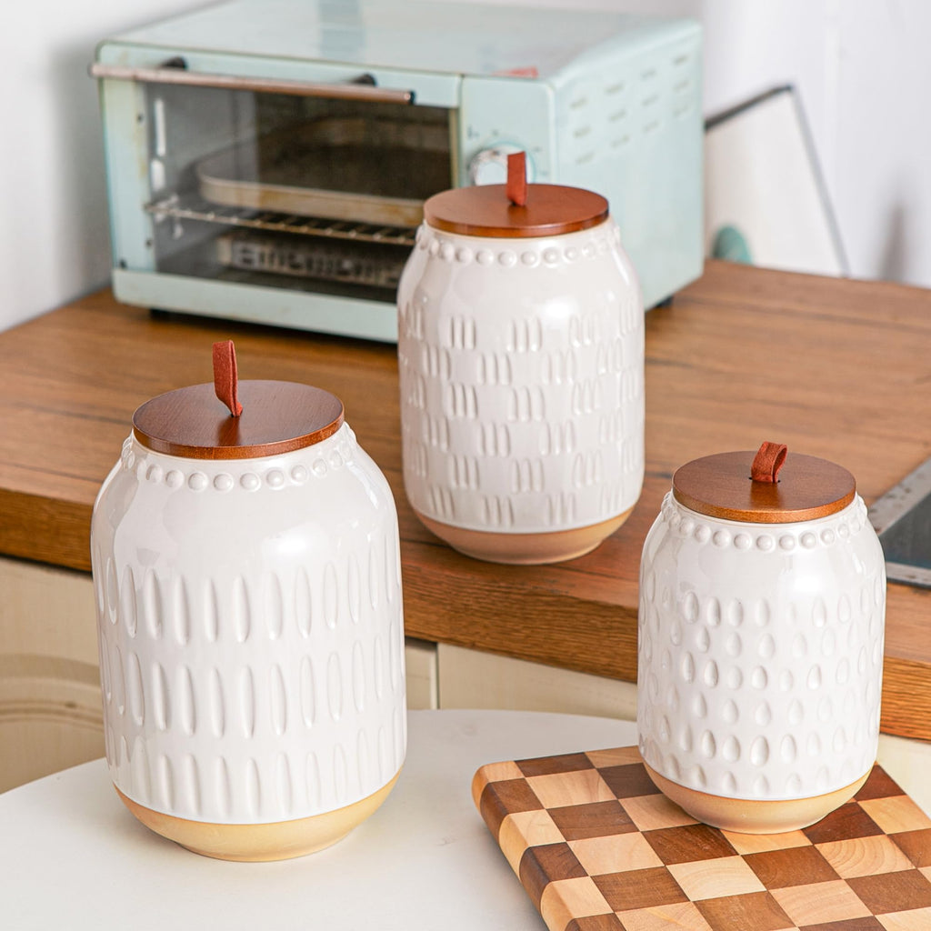 Ceramic Canister Set, 3-Piece White Jars with Bamboo Lids