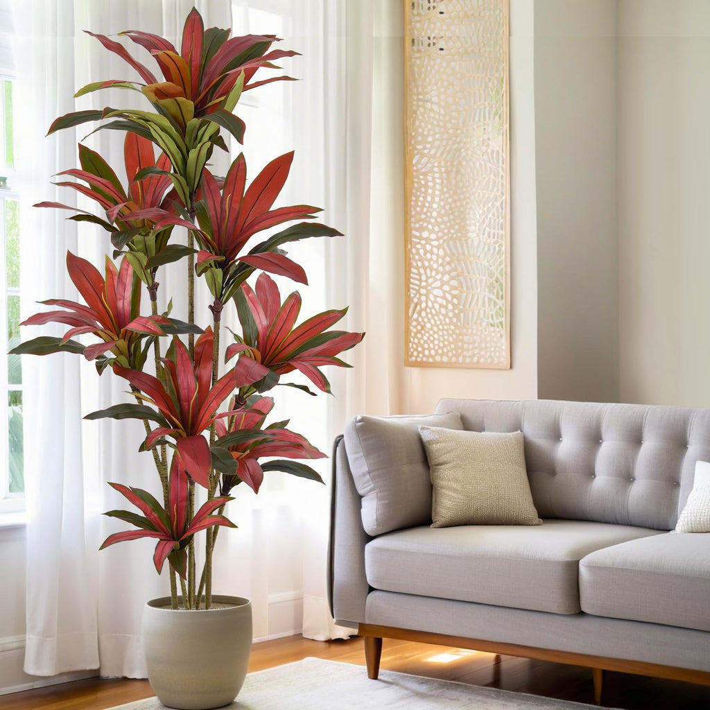 Artificial Dracaena Tree 7ft(84in) Tall Large Faux Silk Plants with Realistic Trunks and Red Leaves, Fake Floor