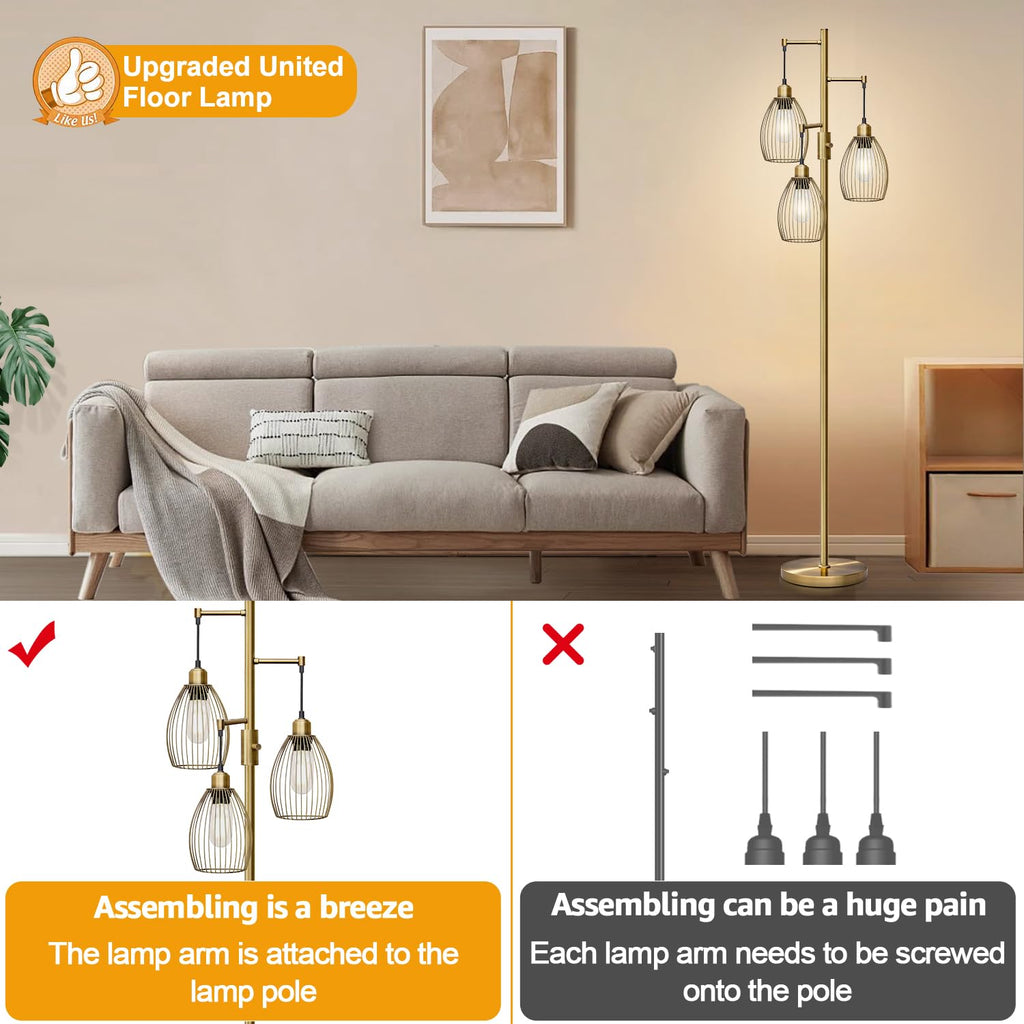 Dimmable Floor Lamp, 3 x 800LM LED Edison Bulbs Included, Farmhouse Industrial Floor Lamp Standing Tree Lamp