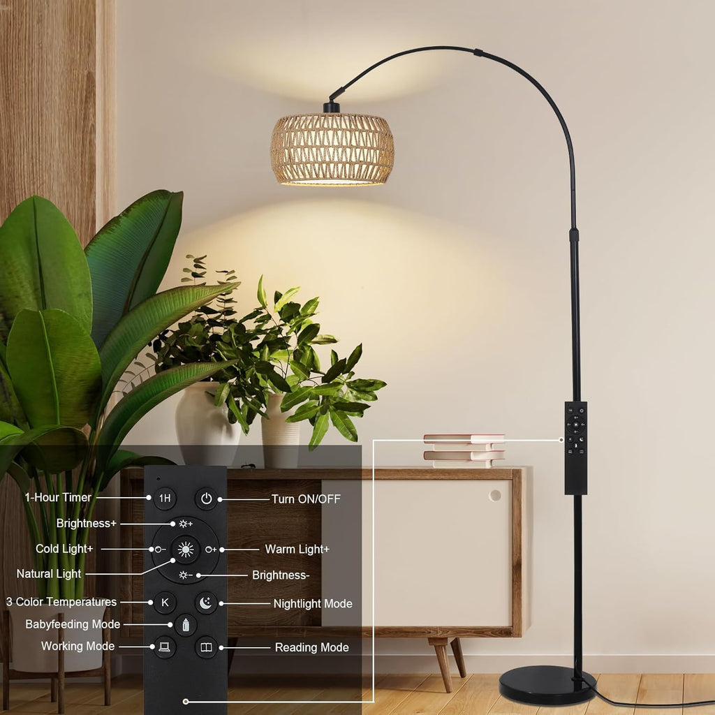 Arc Floor Lamps with 3 Color Temperatures, Black Standing Lamp with Remote & Dimmable LED Bulb, Rattan Boho Floor Lamp