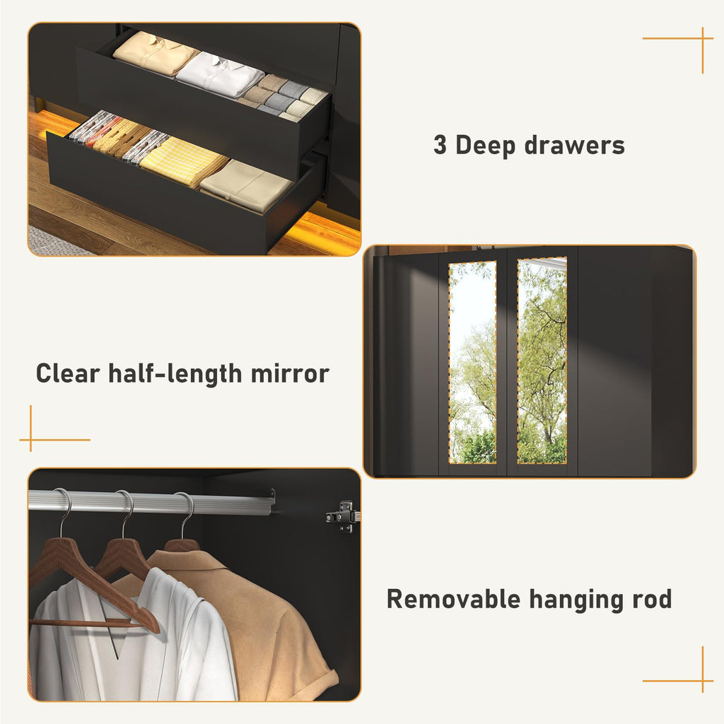 4 Doors Armoire Wooden Wardrobe Closet with 3 Drawers & 2 Mirror, 75"H Clothing Storage Cabinet with Hanging