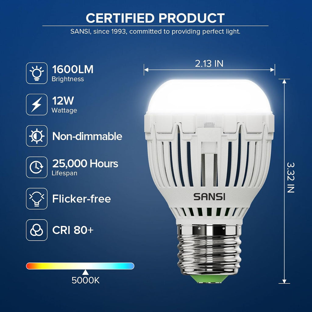 100W Equivalent A15 LED Light Bulb, 1600 Lumens 5000K Daylight White Bulb, Energy Saving 25,000 Hours Lifespan Non
