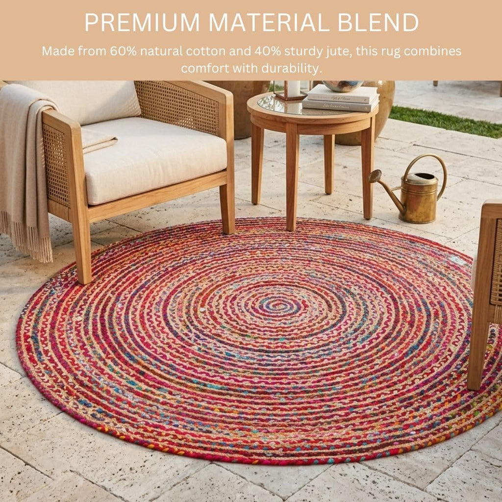 WeWove Hand Woven Area Rug 6 Feet Round - Jute Cotton Area Rug Rustic Farmhouse Boho Accent Rug