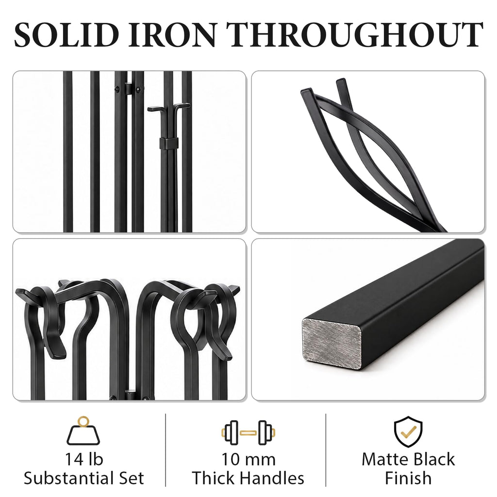 Hand Forged Fireplace Tool Set with Stand, Wrought Iron 5 Piece 28 Inch Steel Fire Tools, Poker Tongs Shovel Brush