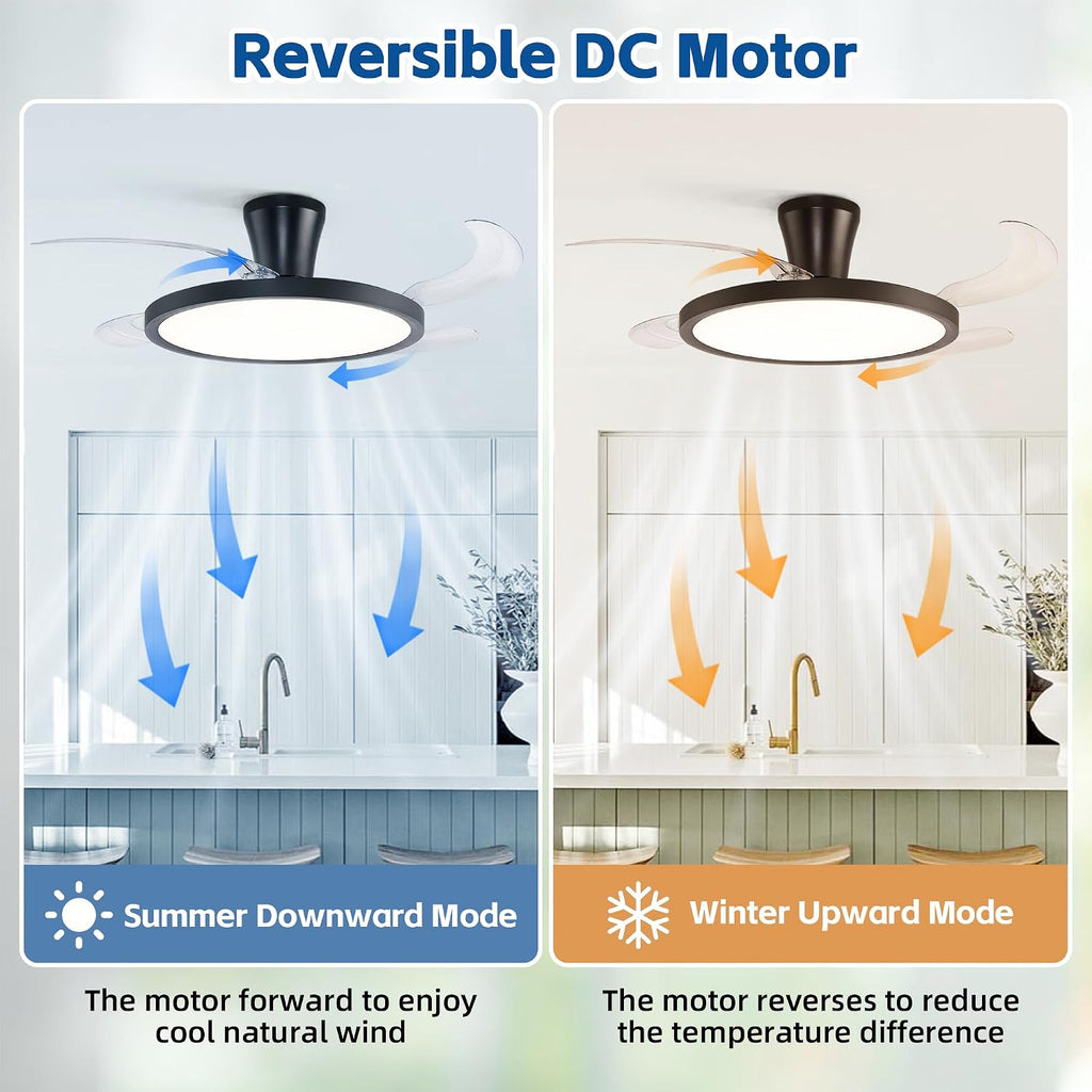 48 inch Black Slim Retractable Ceiling Fan with Light, Low Ceiling