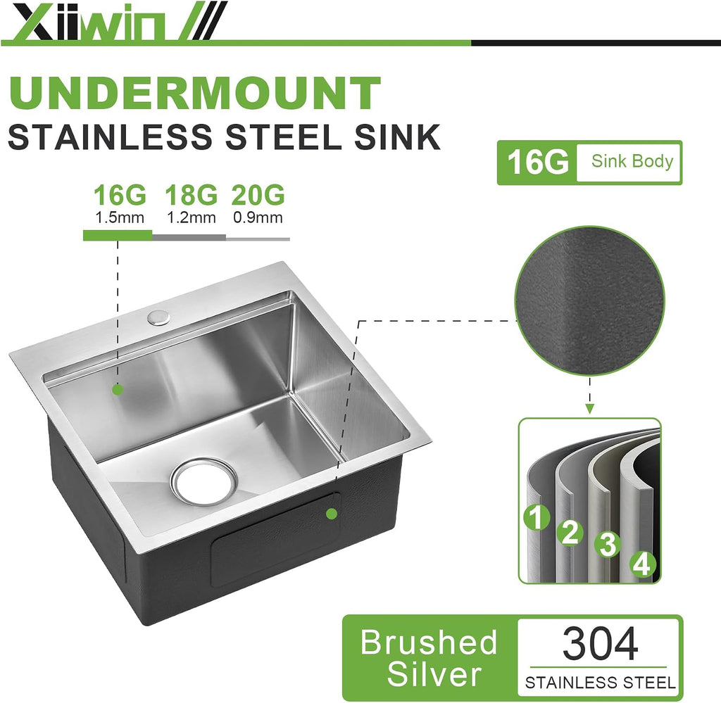 21x20x10 Inch Drop Sink, T304 16-Gauge Stainless Steel Single Bowl, Soundproof Brushed Finish, Includes Drain, Grid