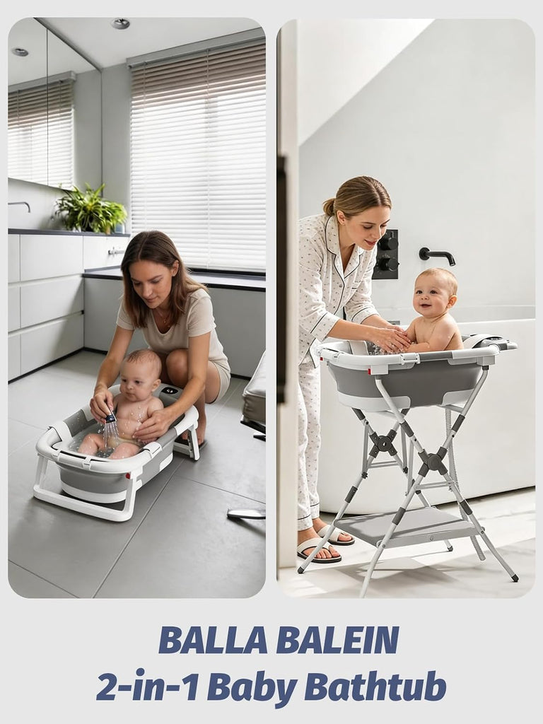 Bathtub with Stand, Foldable Metal Standing Baby Bath Tub, in-1 Anti-Slip Collapsible Tub with Cushion Storage Pad