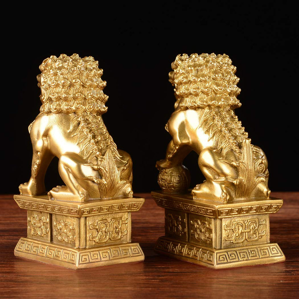 Golden Guardian Lion Sculpture, Pair Foo Dogs Statues 5.9in (H)