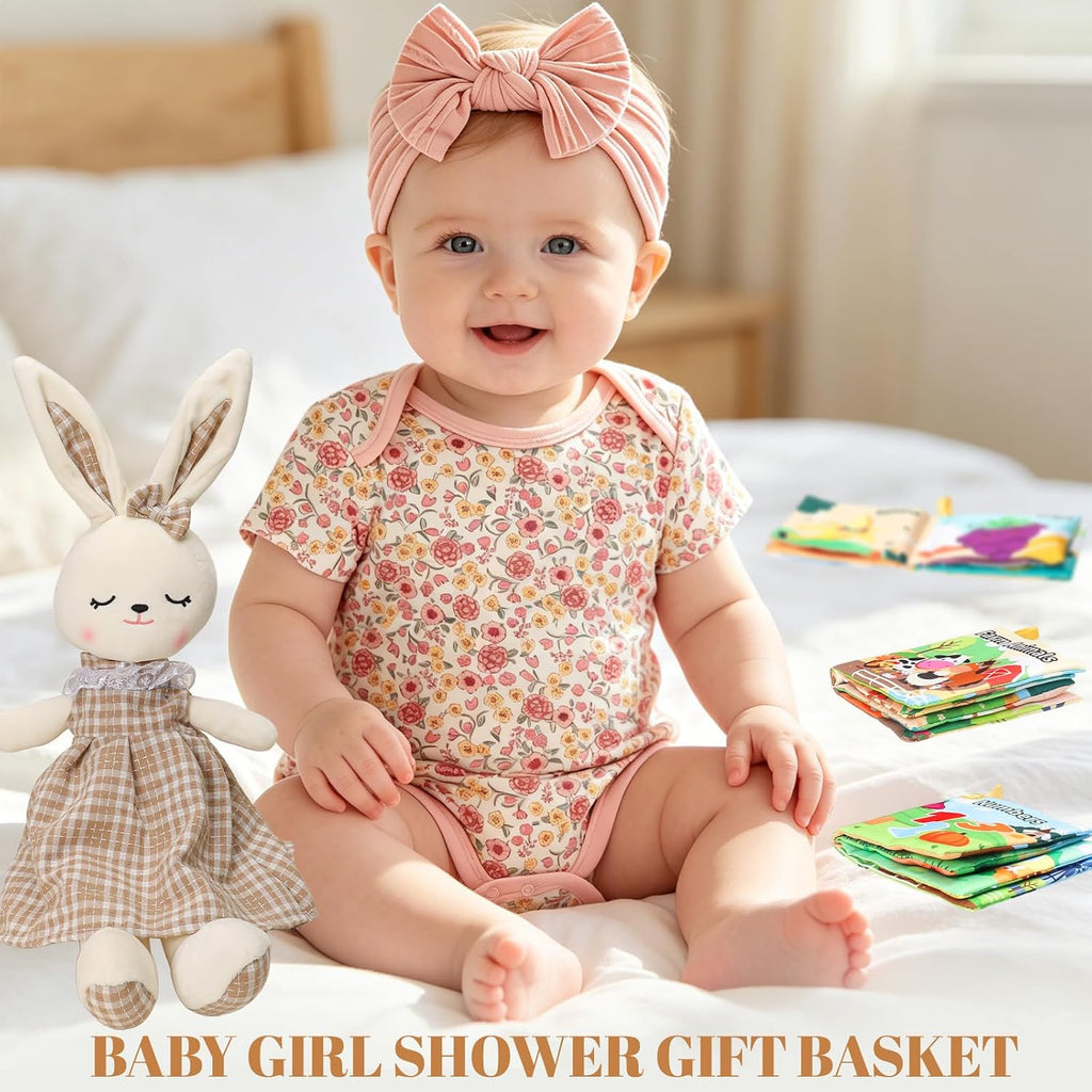 Baby Girl Gifts for Newborn, Baby Girl Gift Basket with Bunny Plush Toy, Onesie, Blanket & Diaper Caddy Organizer
