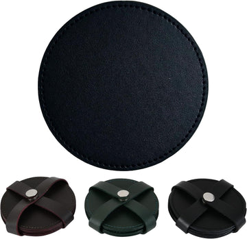 Genuine Leather, Premium Table Coasters by , Round, 4 inch, with Holster, Handcrafted, Hand Made, Non Slip - Set of 6