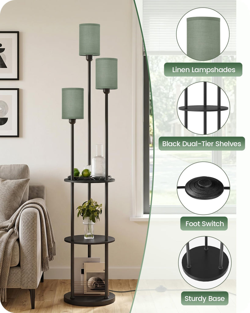 Floor Lamp with Shelves, Modern Floor Lamp with 3 Linen Shades and Foot Switch, 3-Light Standing Lamp, Study, Office