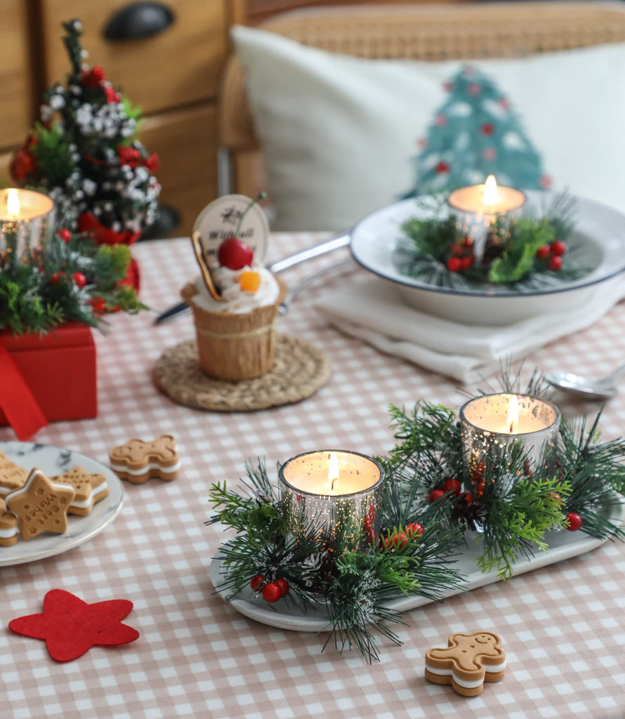 Candle Ring, 4 Pcs Votive Candle with Red Berry Pinecone