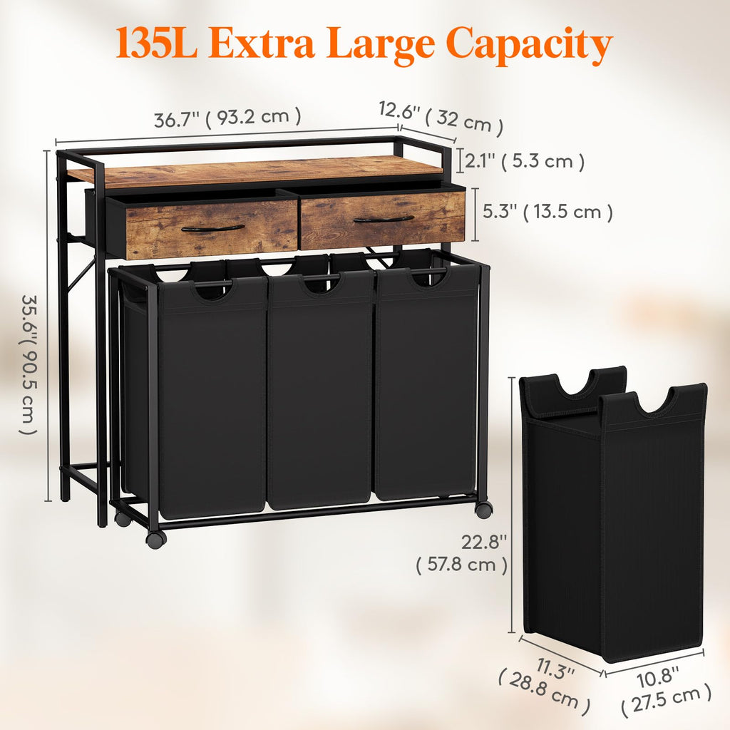 Laundry Hamper 3 Section, Large Rolling Laundry Sorter with Shelf & 2 Drawers, Pull-Out Laundry Basket Organizer with