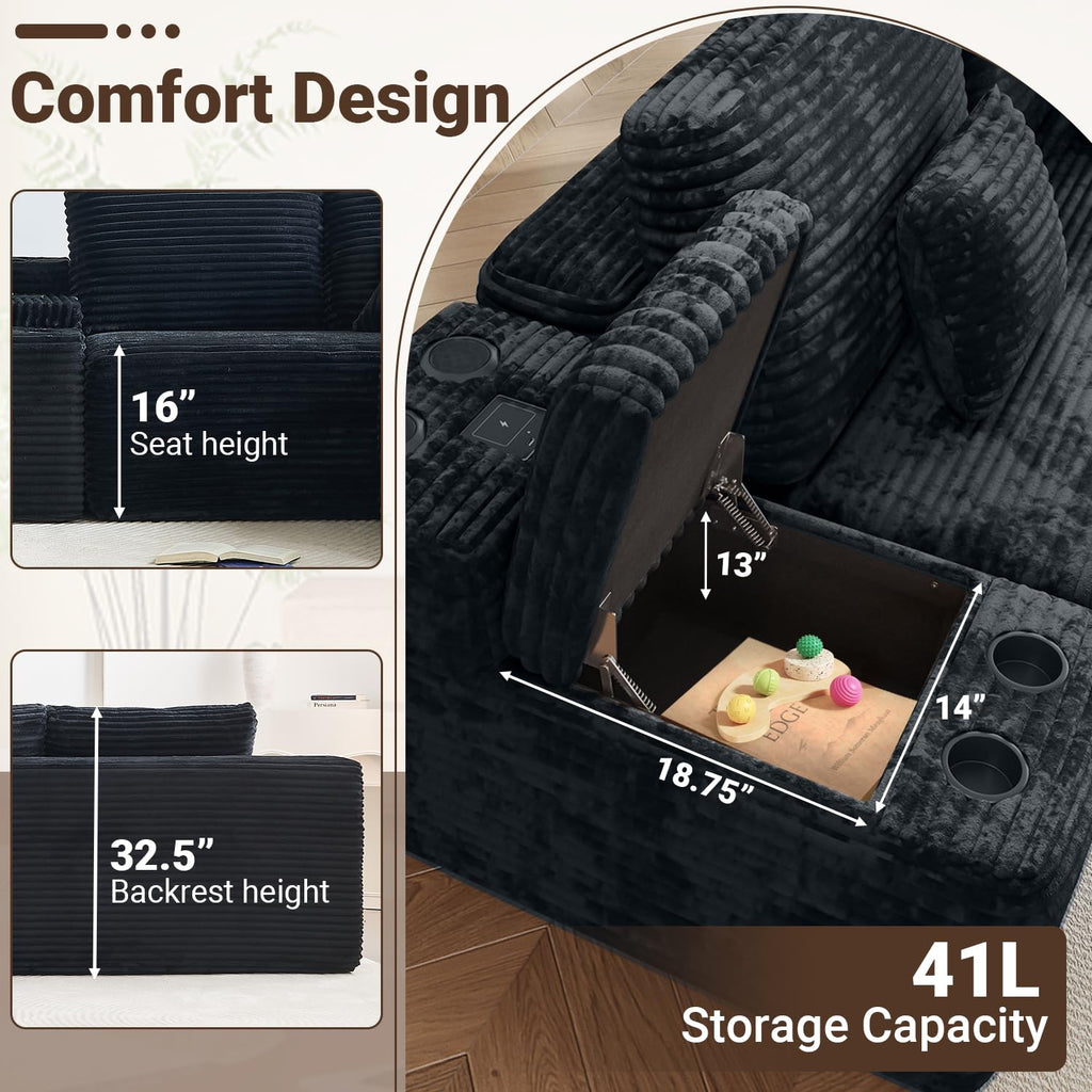 150" Oversized Black Boneless Sectional Couches w/ Storage