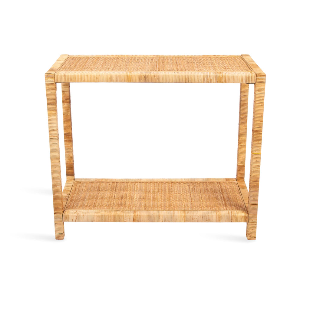 Rafina Coastal Rattan Rectangle Console Table, 36 x 12 x 30, Natural Brown, Decorative Tiered Rectangle Entryway