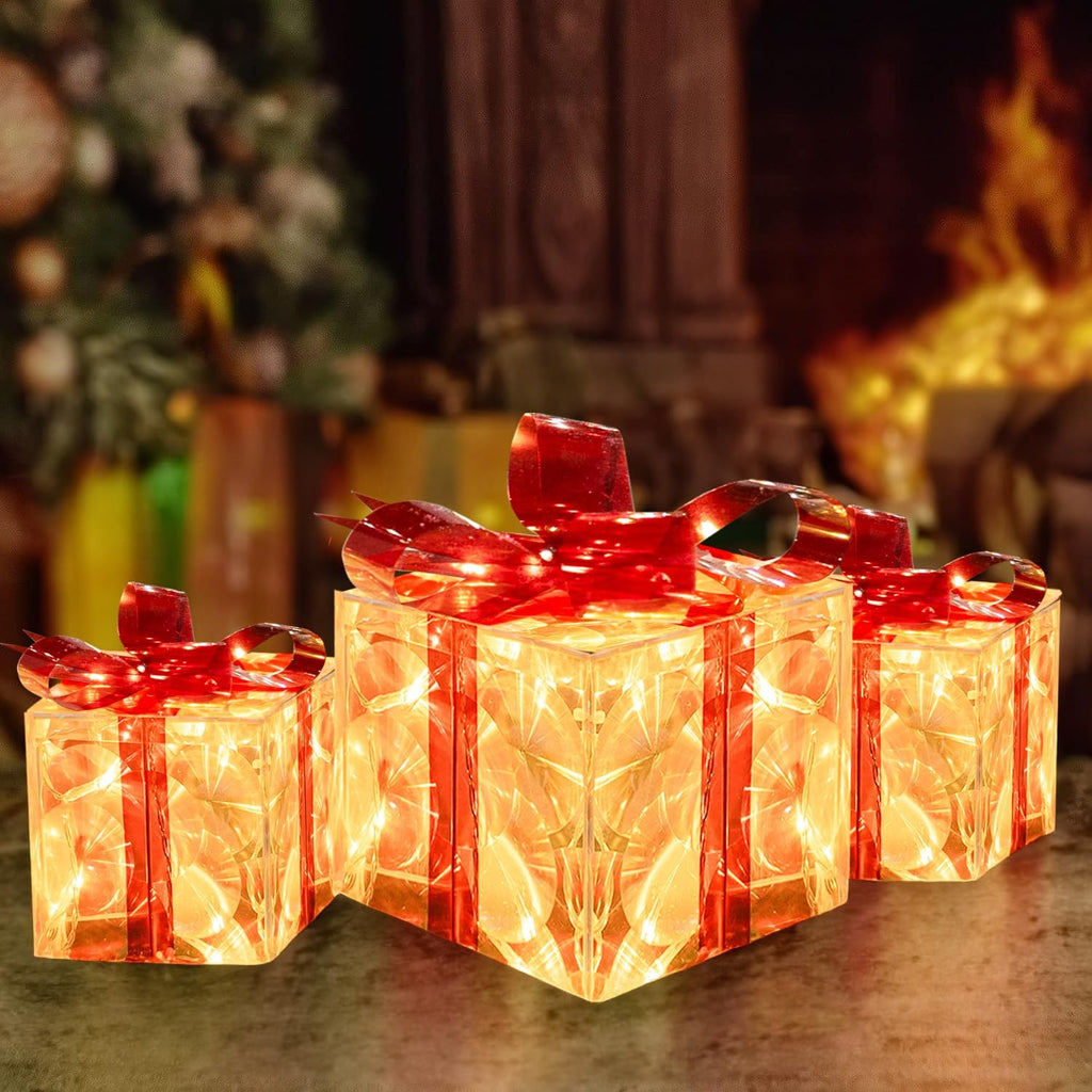 Set of 3 Christmas Lighted Gift Boxes, Pre-lit 60 LED Light Up Present Boxes Ornament Decorations with Ribbons for