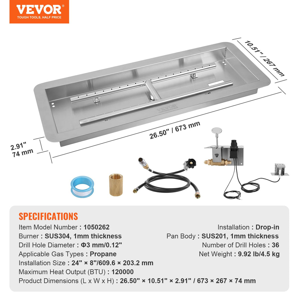 24 x 8 inch Drop-in Fire Pit Pan, Rectangular Stainless Steel Fire Pit Burner Kit, Propane Gas Fire Pan 120, 000 BTU
