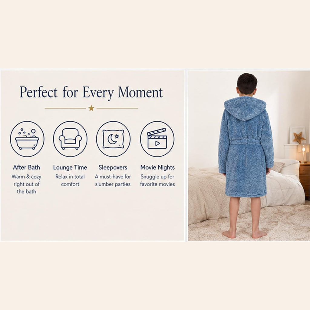 Hooded Plush Robe For Boys- Fluffy Winter PJ Robe With Pockets, Hoodie & Belt- Boys And Teens' Ultra-Soft Bathrobe