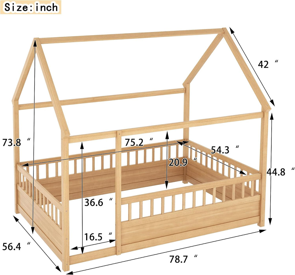 Montessori Floor Bed with High Fence, Roof and Door, Wood Montessori Bed, House Beds for Kids