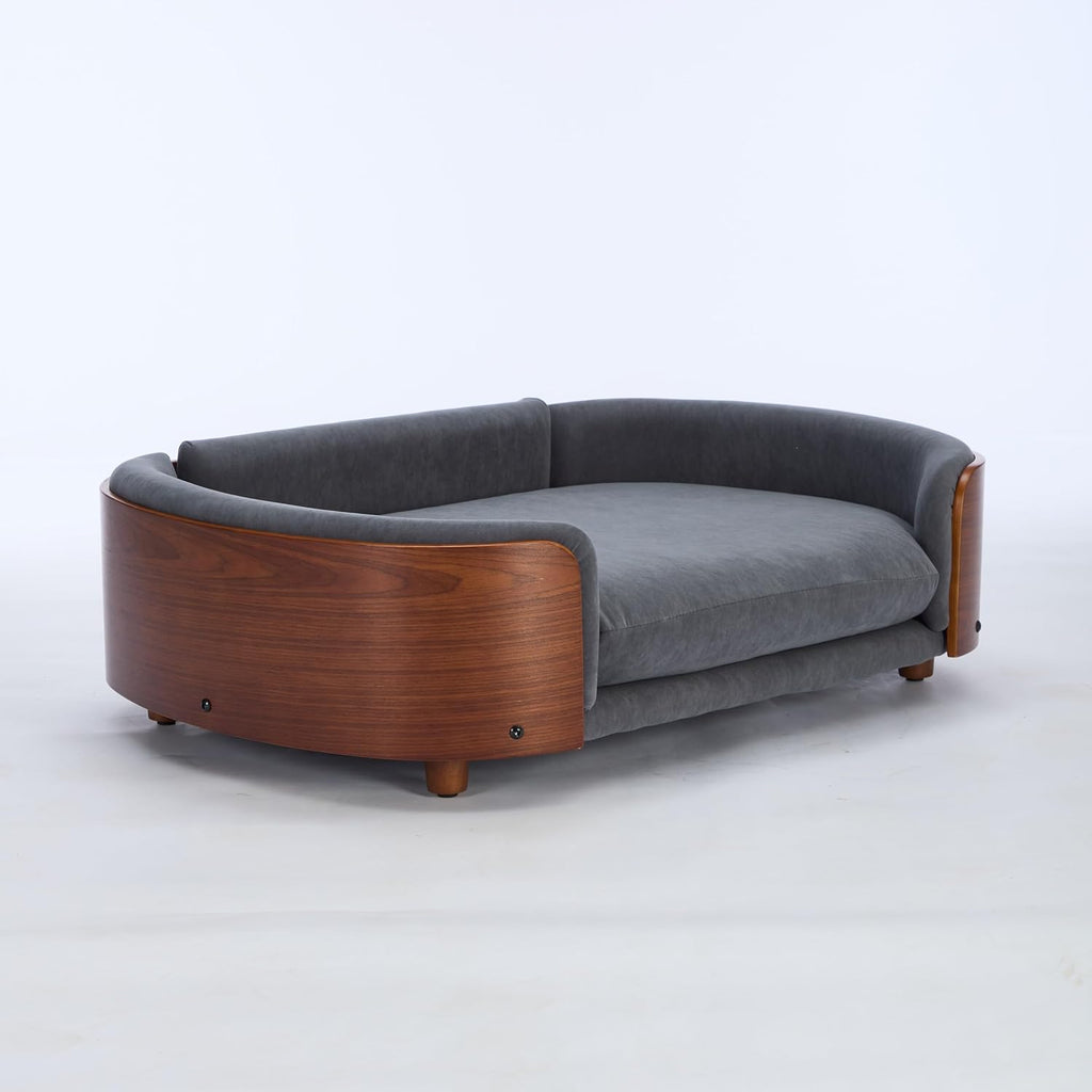 Scandinavian Style Elevated Dog Bed Pet Sofa with Solid Wood Legs and Bent Wood Back, Velvet Cushion, Large Size