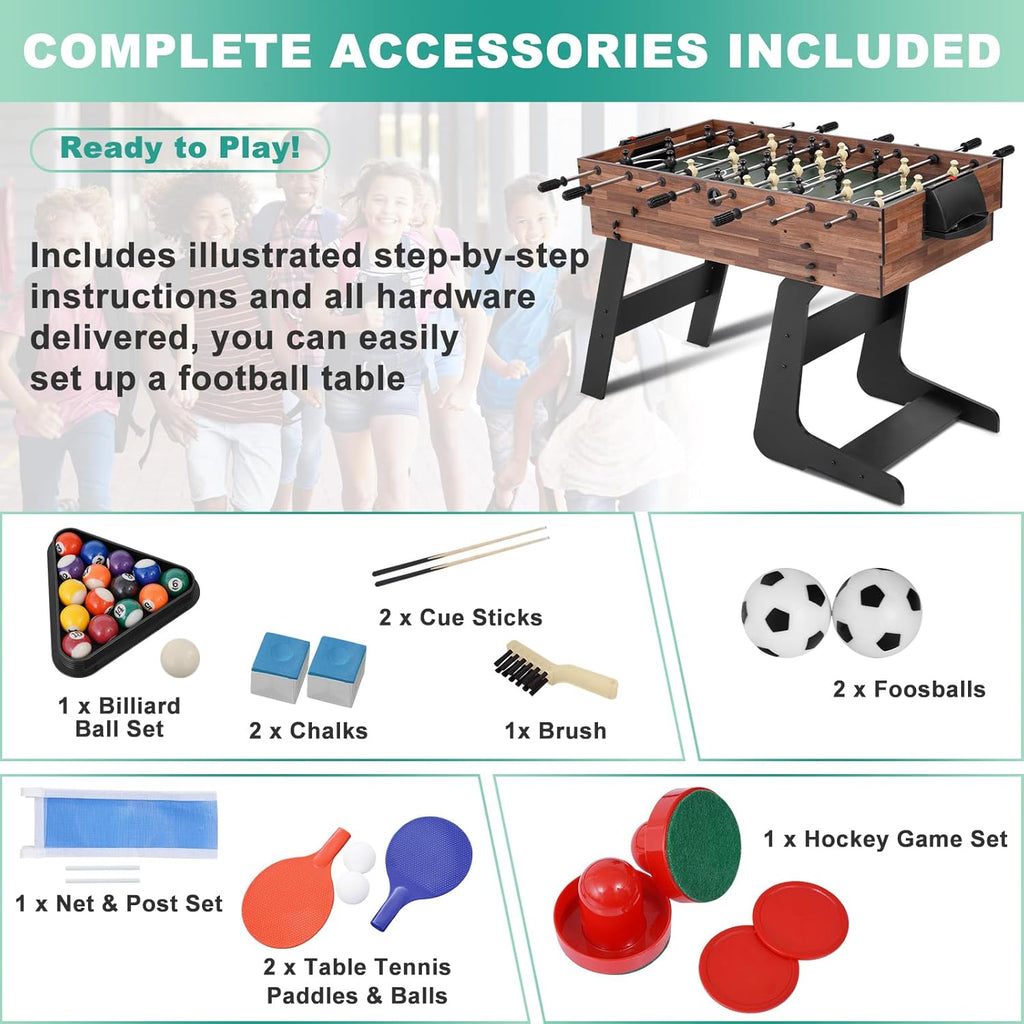 Foldable Multi Game Table, 4-in-1 Combo Game Table Set with Ping Pong, Hockey, Pool Billiards and Foosball for