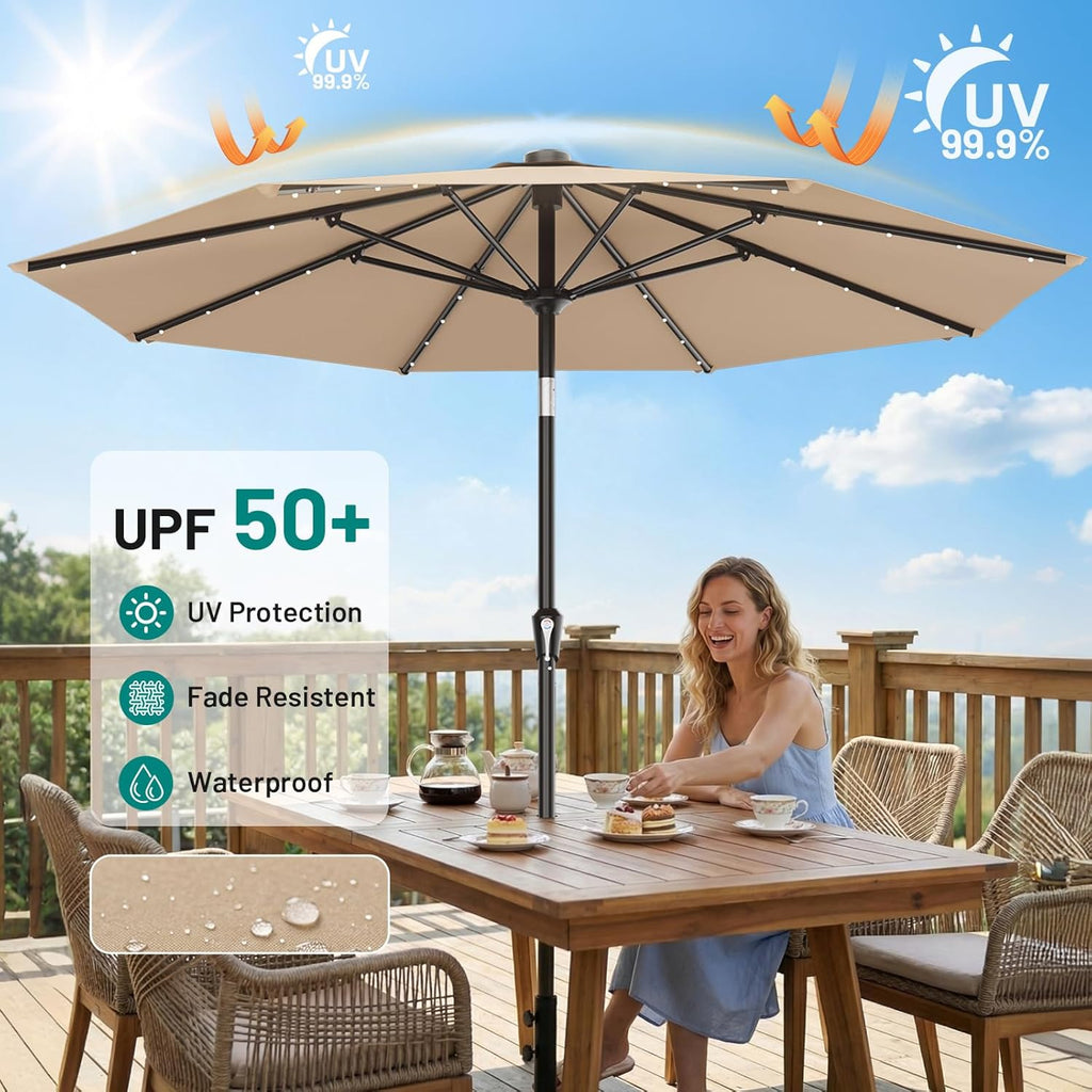 9FT Patio Umbrella with Solar Lights, 32 Lighted Pool Umbrella w/Tilt and Crank