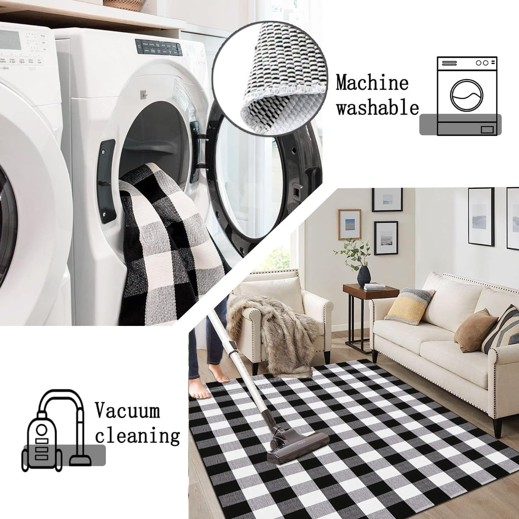 Buffalo Plaid Rug Black and White Check Rugs Extra Large Machine Washable Carpet Retro Lattice Checkered