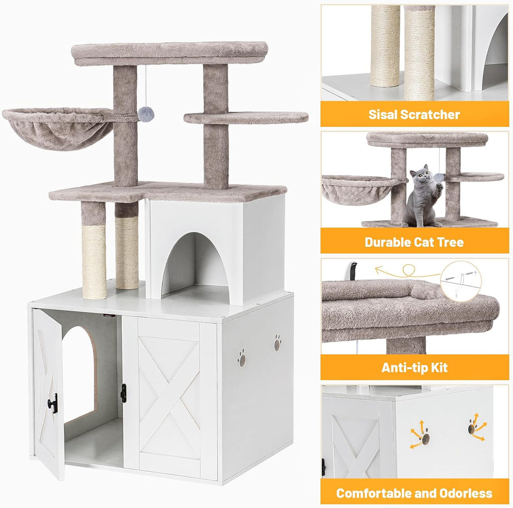 Cat Litter Box Enclosure with Cat Tree Tower and Condo, Hidden Washroom Furniture with Sisal Scratching Post and Soft