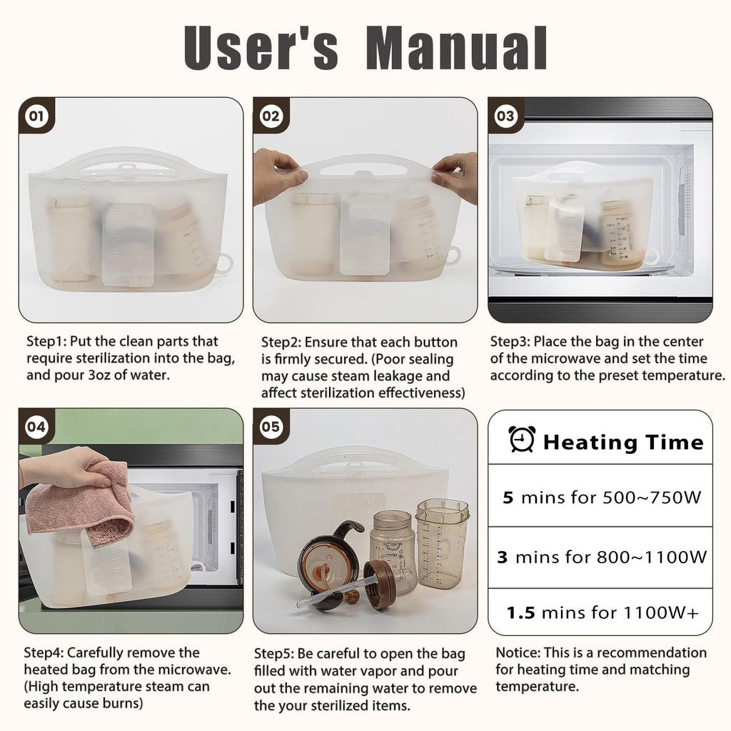 Silicone Microwave Steam Sterilizer Bag for Baby Reusable Quick Sterilizing Bag for Bottles Breast Pump Parts Toddler