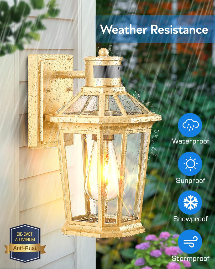 Outdoor Wall Lights Lantern, 2 Pack Gold Motion Sensor Proch Light, Dusk to Dawn Weather Resistant Exterior Lights