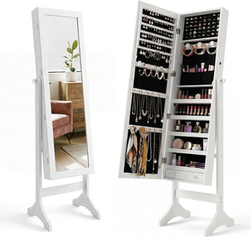 61" Full Length Mirror Jewelry Cabinet with Lock, Standing Jewelry Organizer, Large Storage &Cloakroom&Dressing Room