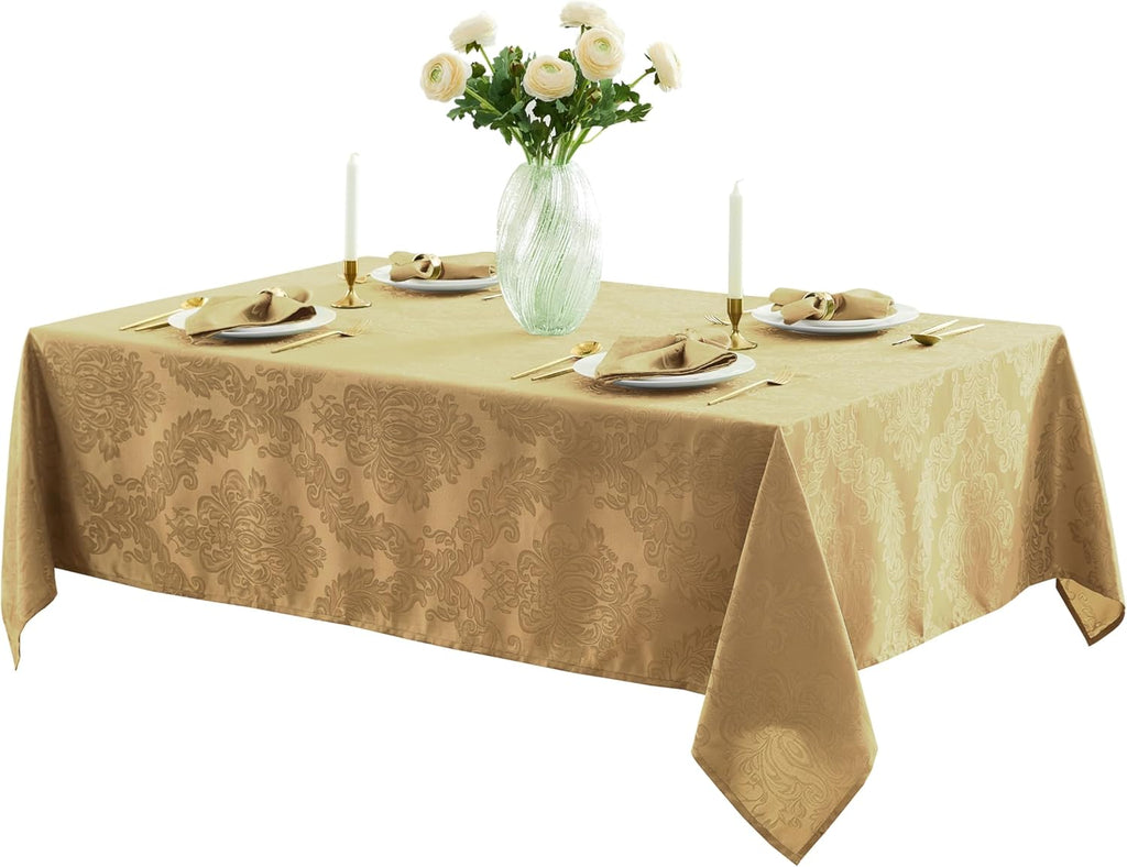 Barcelona Damask Fabric Tablecloth, 60 x 120 Inch Rectangle, Gold - No Iron, Soil Resistant Table Co