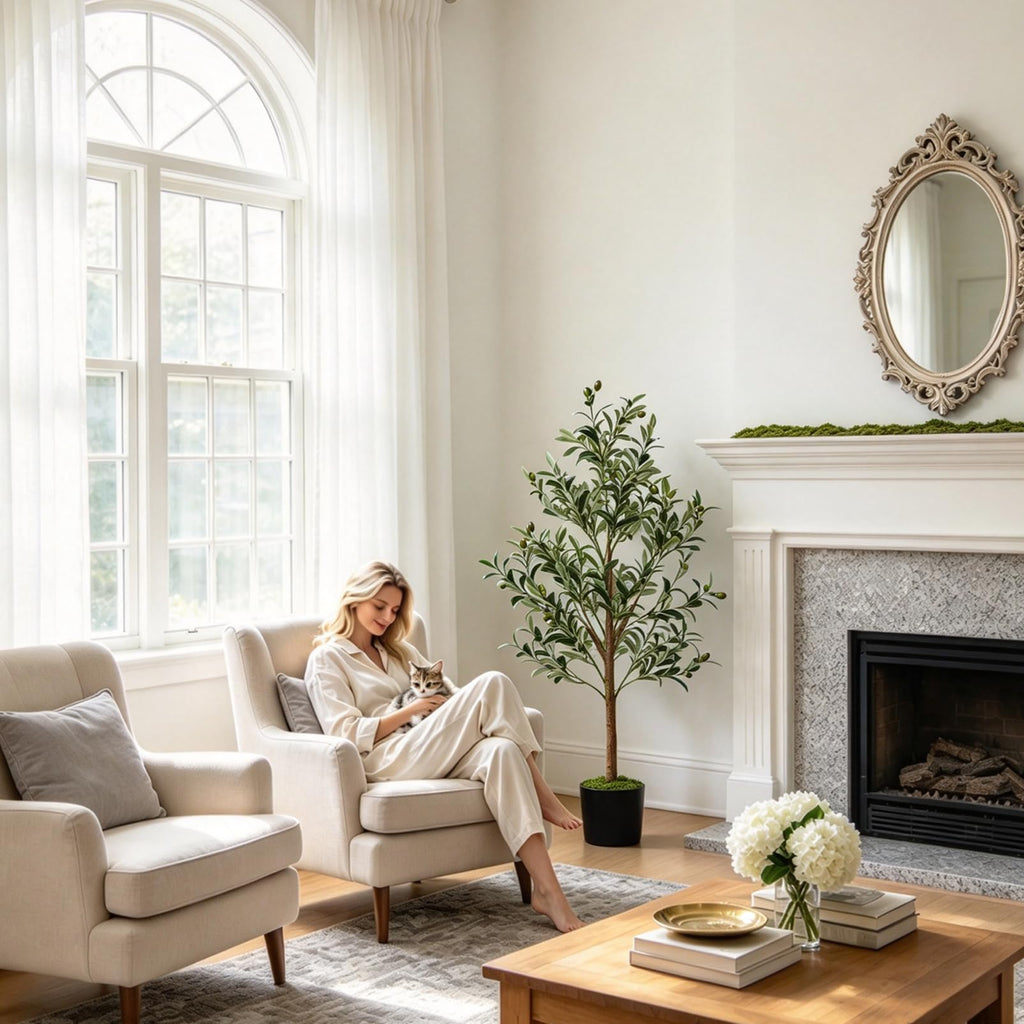 Olive Trees Artificial Indoor: 4FT Faux Olive Tree with White Tall Planter & Moss, Large Fake Plants with Natural