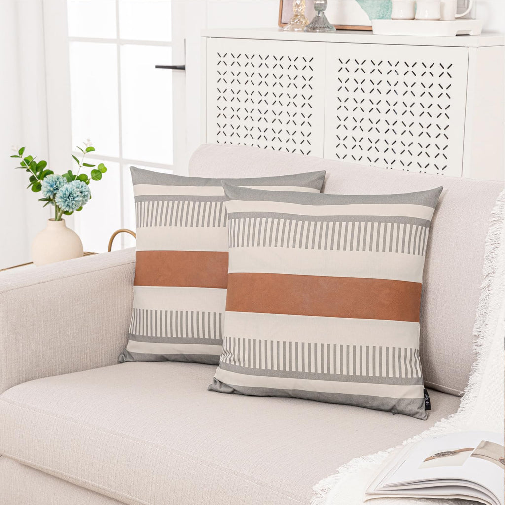 2 Pack 18x18 Inch Pillow Covers - Brown Faux Leather & Gray Stripe Print Soft Cotton Splicing, Same Pattern Both