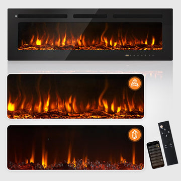 60" Smart Electric Fireplace Heater, Wide Recessed/Wall Mounted Electric Fireplace, Remote Control with Timer, 12