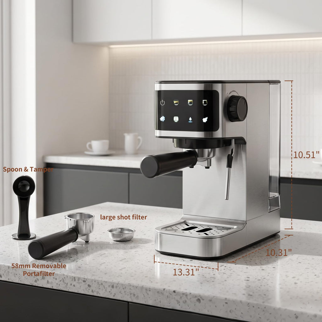 Espresso Machine 20 Bar, 1350W Instant Heating Coffee Maker with Stainless Steel Steam Wand & Touch Color Display
