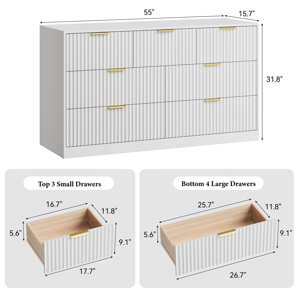 55" Wide Fluted with 7 Drawers, White
