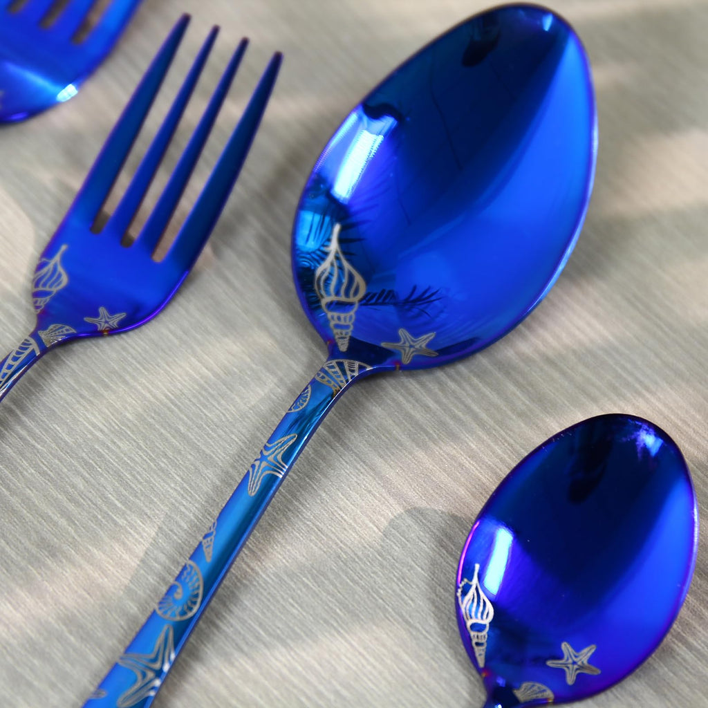 20 Piece Blue Stainless Steel Flatware Set with Seashell and Starfish Pattern, This complete set includes 4 dinner